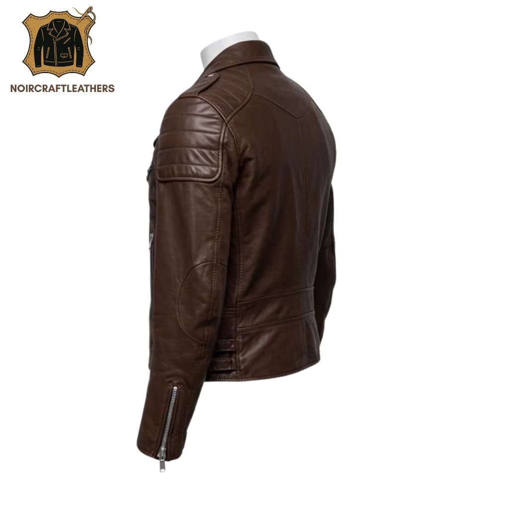 Men's Brown Leather Biker Jacket: Handmade Moto Style with Green Stitching