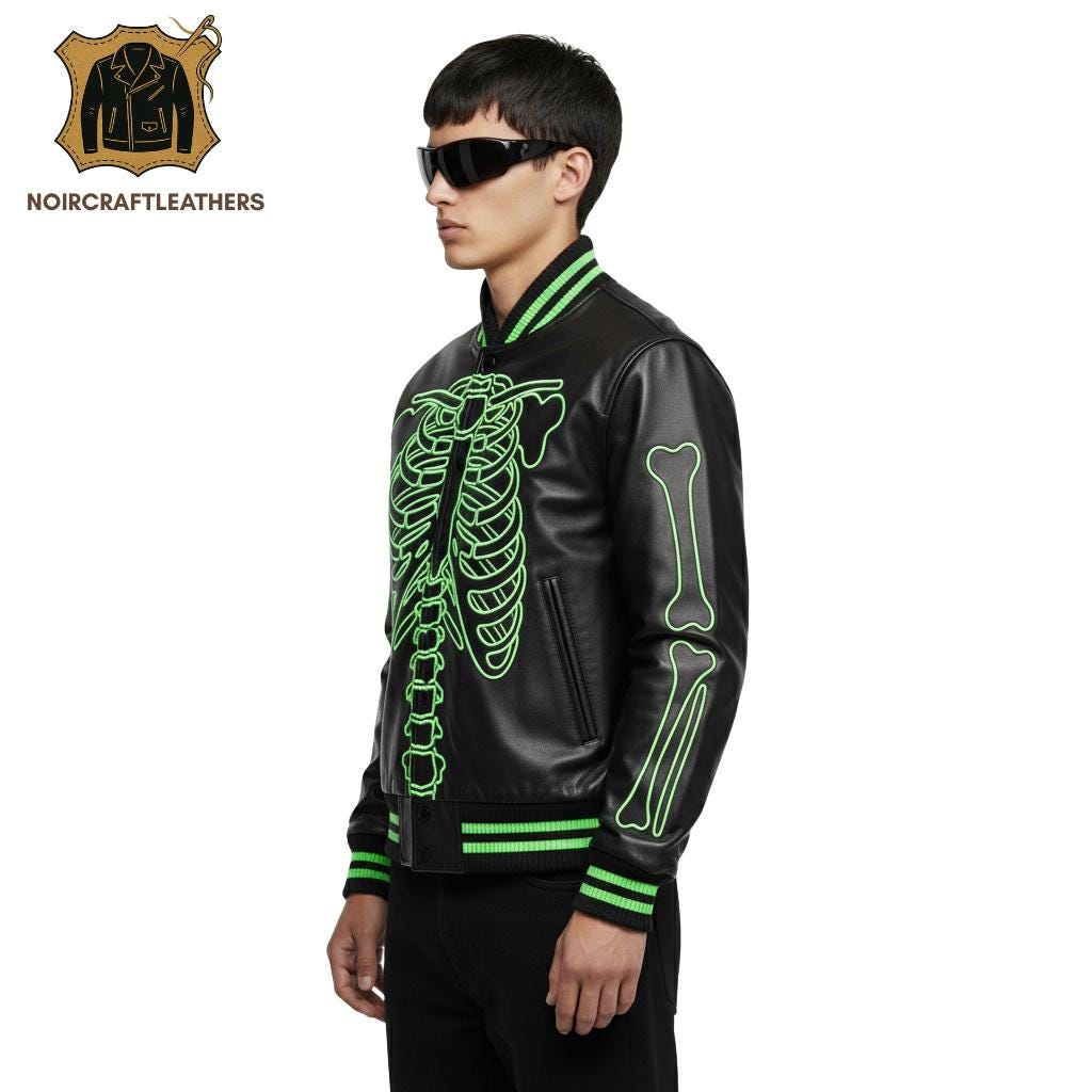 Men's Black Leather Skeleton Jacket: Neon Bone Design, Biker Bomber