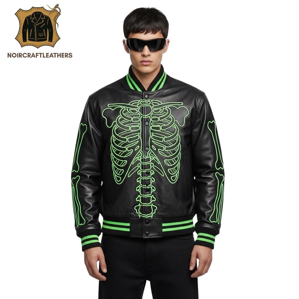 Men's Black Leather Skeleton Jacket: Neon Bone Design, Biker Bomber