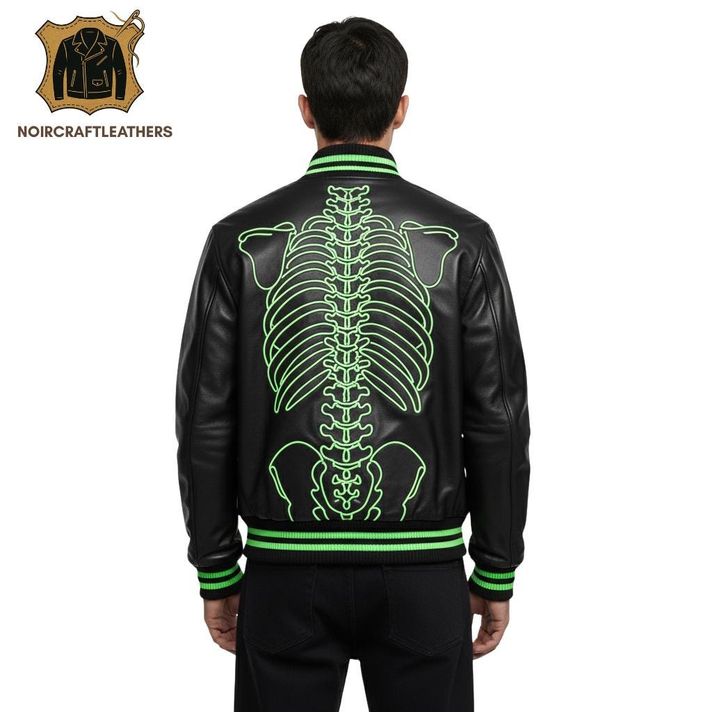 Men's Black Leather Skeleton Jacket: Neon Bone Design, Biker Bomber