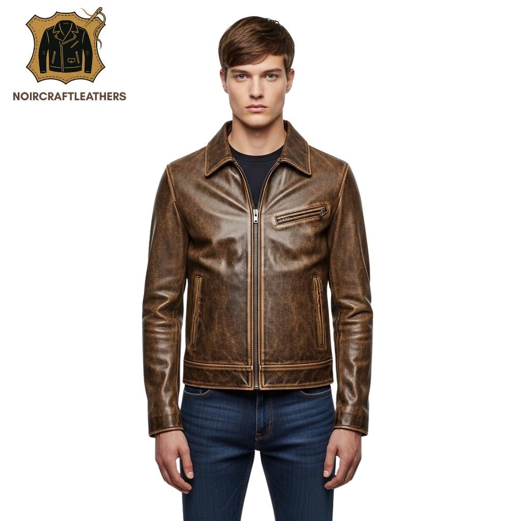 Vintage Distressed Brown Leather Biker Jacket: Handmade Cowhide Moto Outerwear