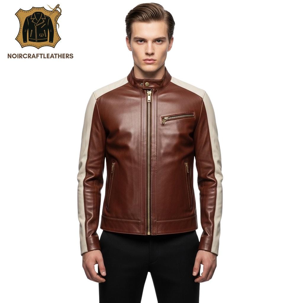 Handmade Lambskin Leather Biker Jacket: Two-Tone Moto Racing Style