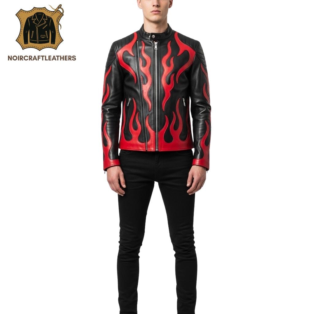 Handmade Cowhide Leather Flame Jacket: Biker Moto Rock Punk Style