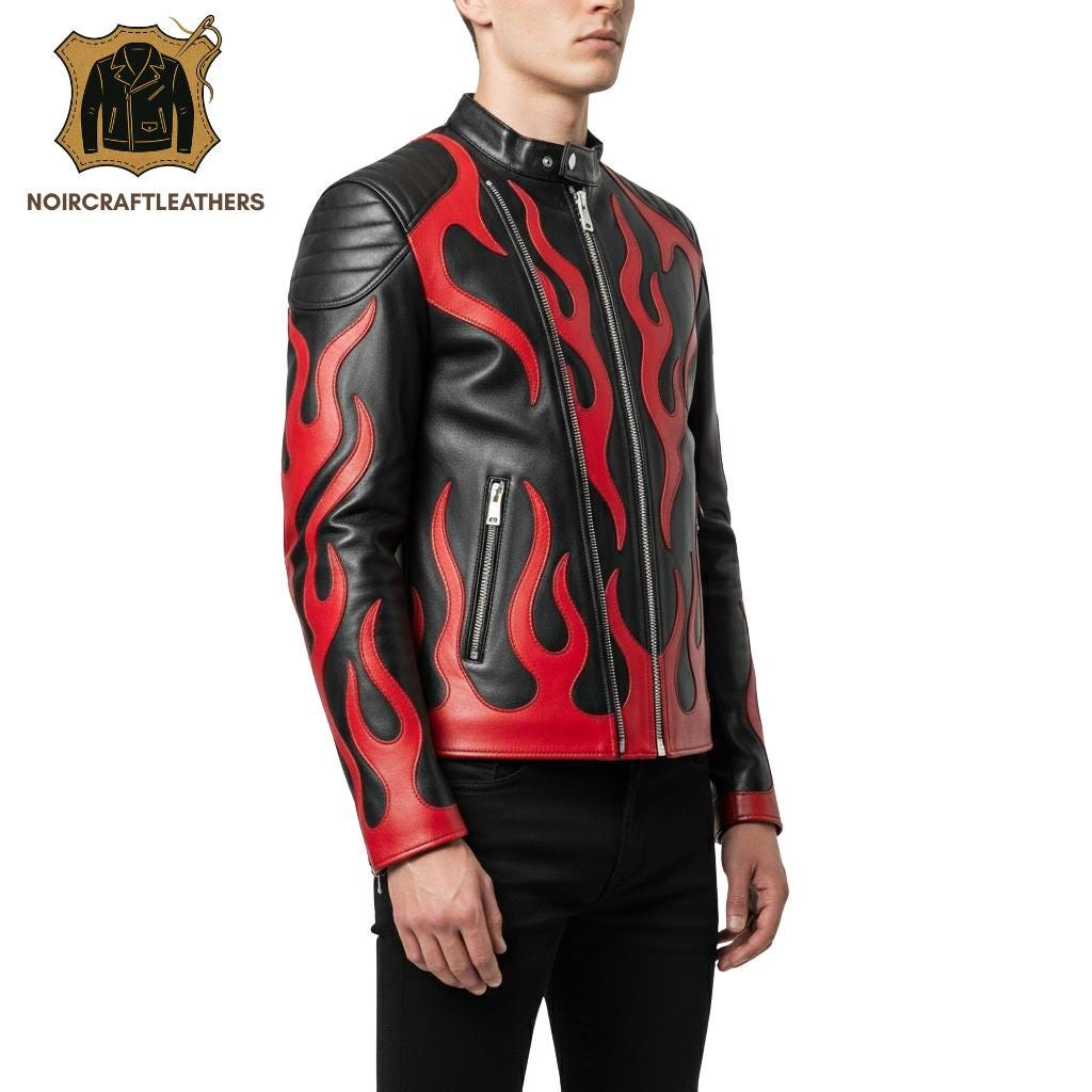 Handmade Cowhide Leather Flame Jacket: Biker Moto Rock Punk Style