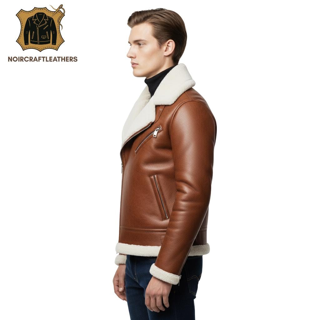 Men's Brown Shearling Biker Jacket: Cowhide Leather Aviator, Handmade