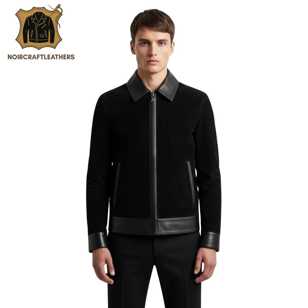 Men's Black Lambskin Leather & Wool Blend Bomber Jacket