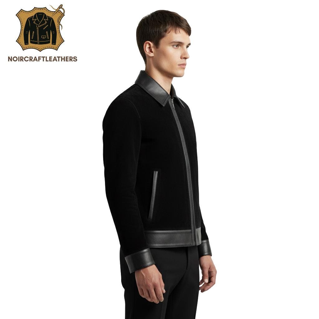 Men's Black Lambskin Leather & Wool Blend Bomber Jacket