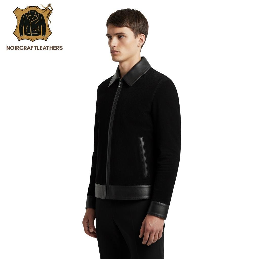 Men's Black Lambskin Leather & Wool Blend Bomber Jacket