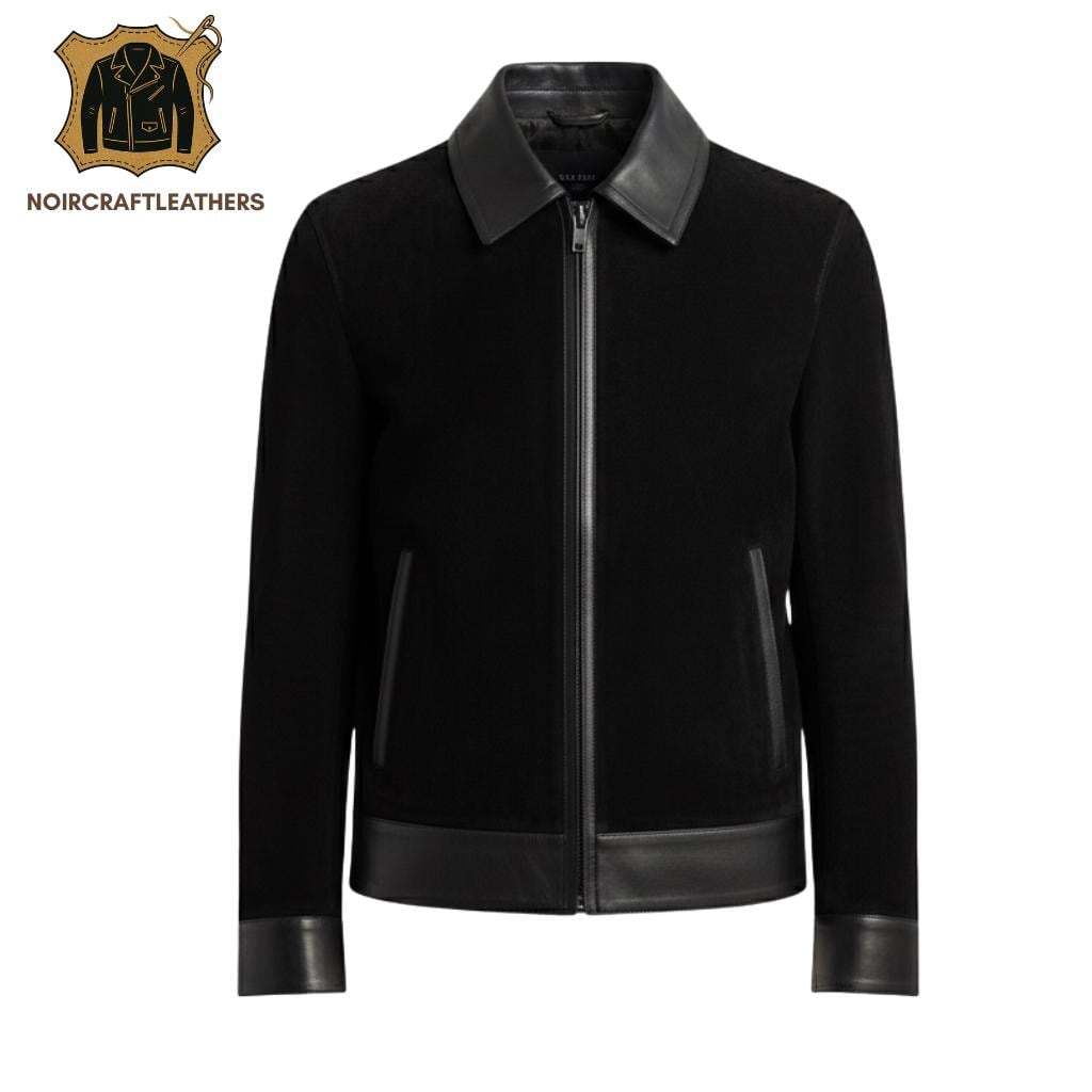Men's Black Lambskin Leather & Wool Blend Bomber Jacket