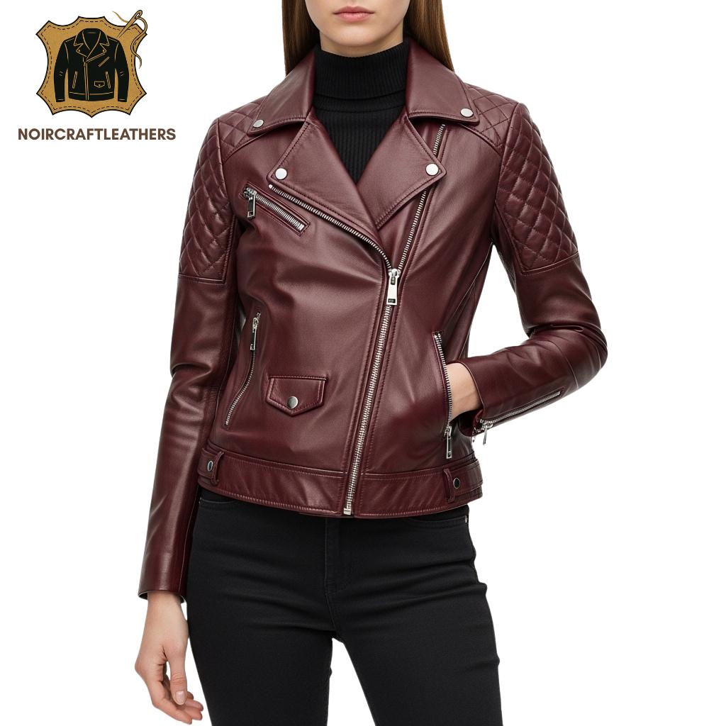 Burgundy Lambskin Leather Biker Jacket: Quilted Moto Style
