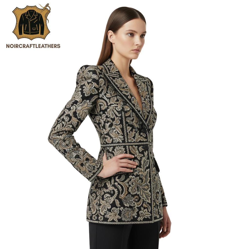 Embroidered Black Leather Blazer: Floral Sequin Jacket, Elegant Evening Coat