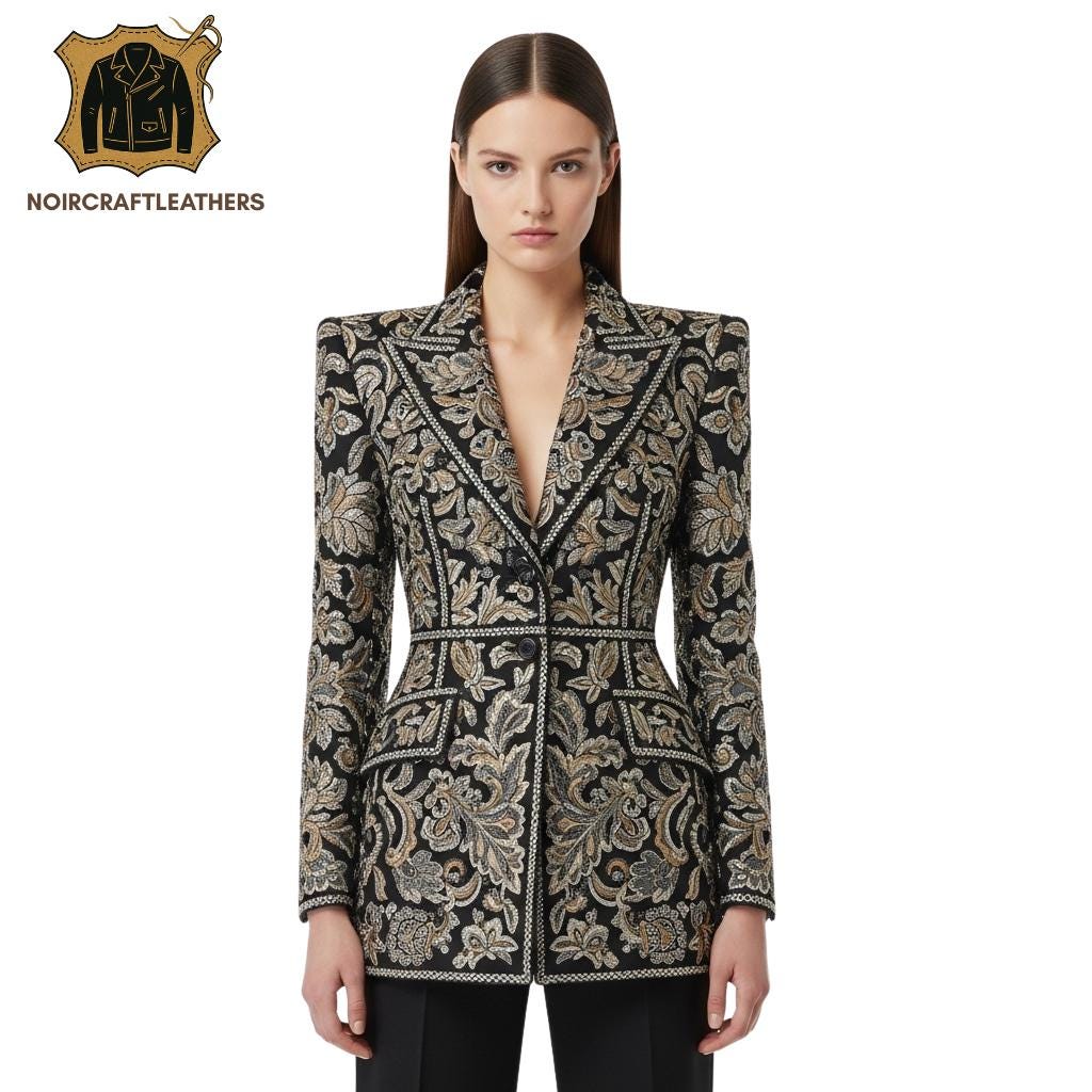 Embroidered Black Leather Blazer: Floral Sequin Jacket, Elegant Evening Coat