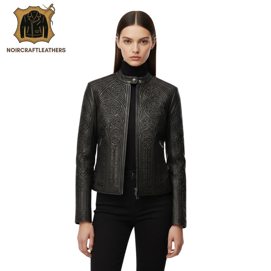 Embossed Floral Lambskin Leather Biker Jacket: Slim Fit Moto Style