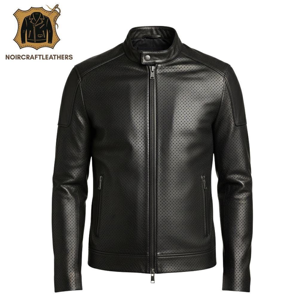 Men's Black Perforated Lambskin Leather Cafe Racer Jacket