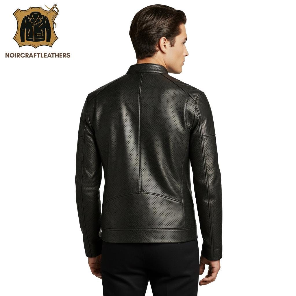 Men's Black Perforated Lambskin Leather Cafe Racer Jacket