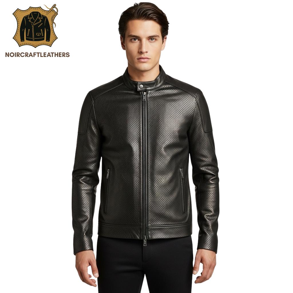 Men's Black Perforated Lambskin Leather Cafe Racer Jacket