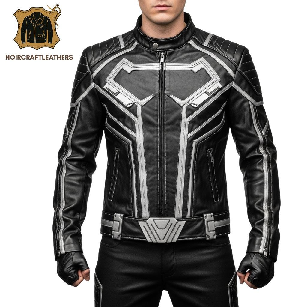 Men's Black Cowhide Leather Superhero Jacket: Silver Armor Biker Style