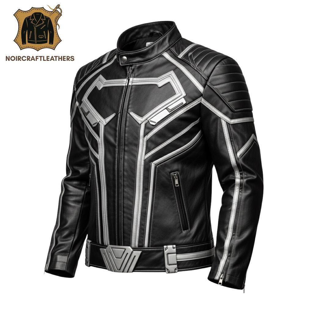 Men's Black Cowhide Leather Superhero Jacket: Silver Armor Biker Style