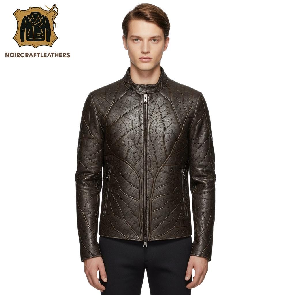Men's Lambskin Leather Cafe Racer Jacket: Embossed Leaf Design