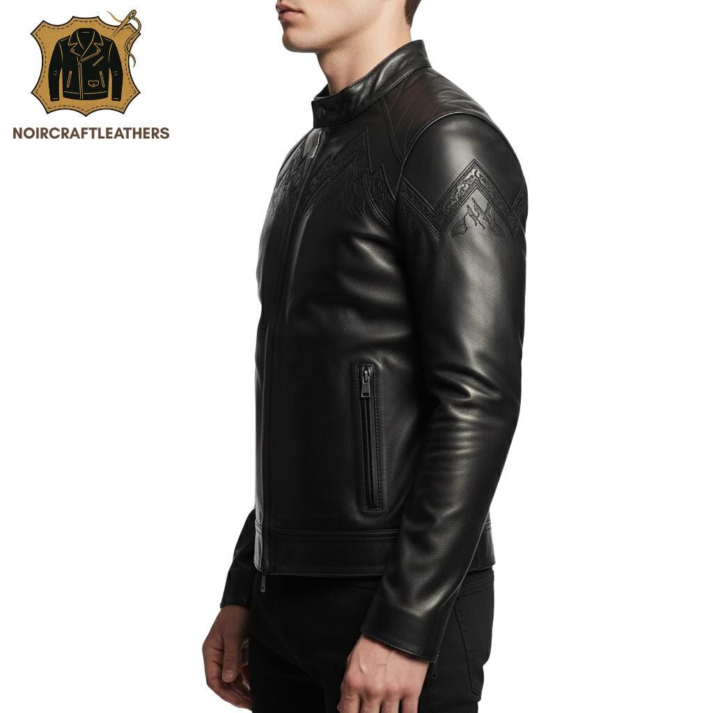 Handmade Lambskin Leather Biker Jacket: Mountain Embossed Slim Fit