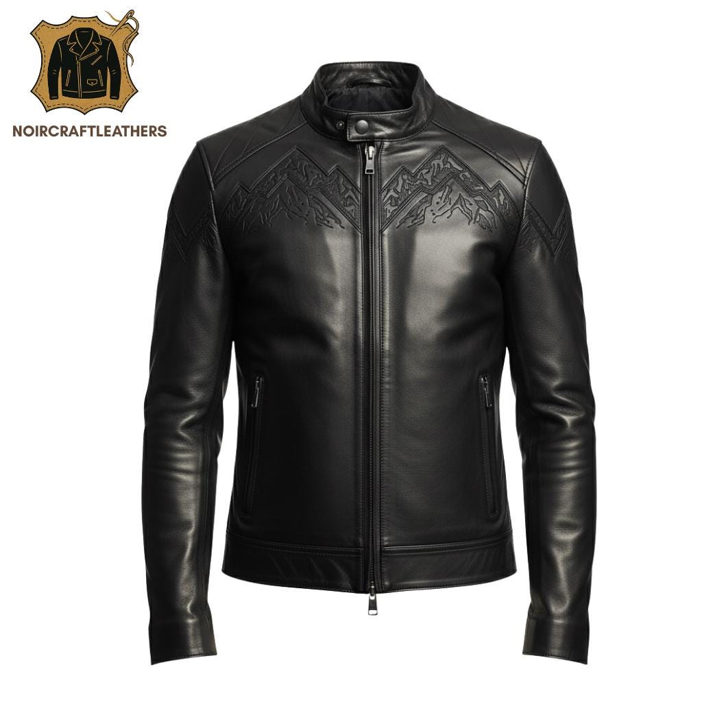 Handmade Lambskin Leather Biker Jacket: Mountain Embossed Slim Fit