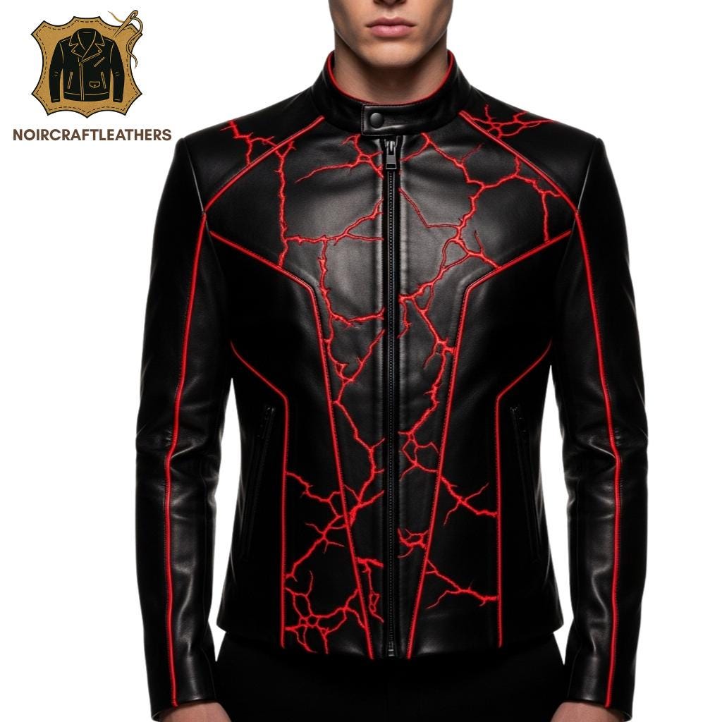 Men's Black & Red Cracked Lambskin Leather Biker Jacket