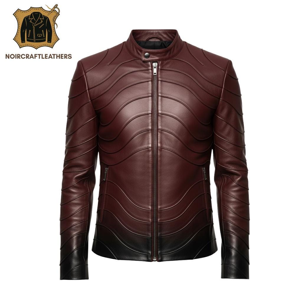Burgundy & Black Cowhide Leather Biker Jacket: Slim Fit Moto Style
