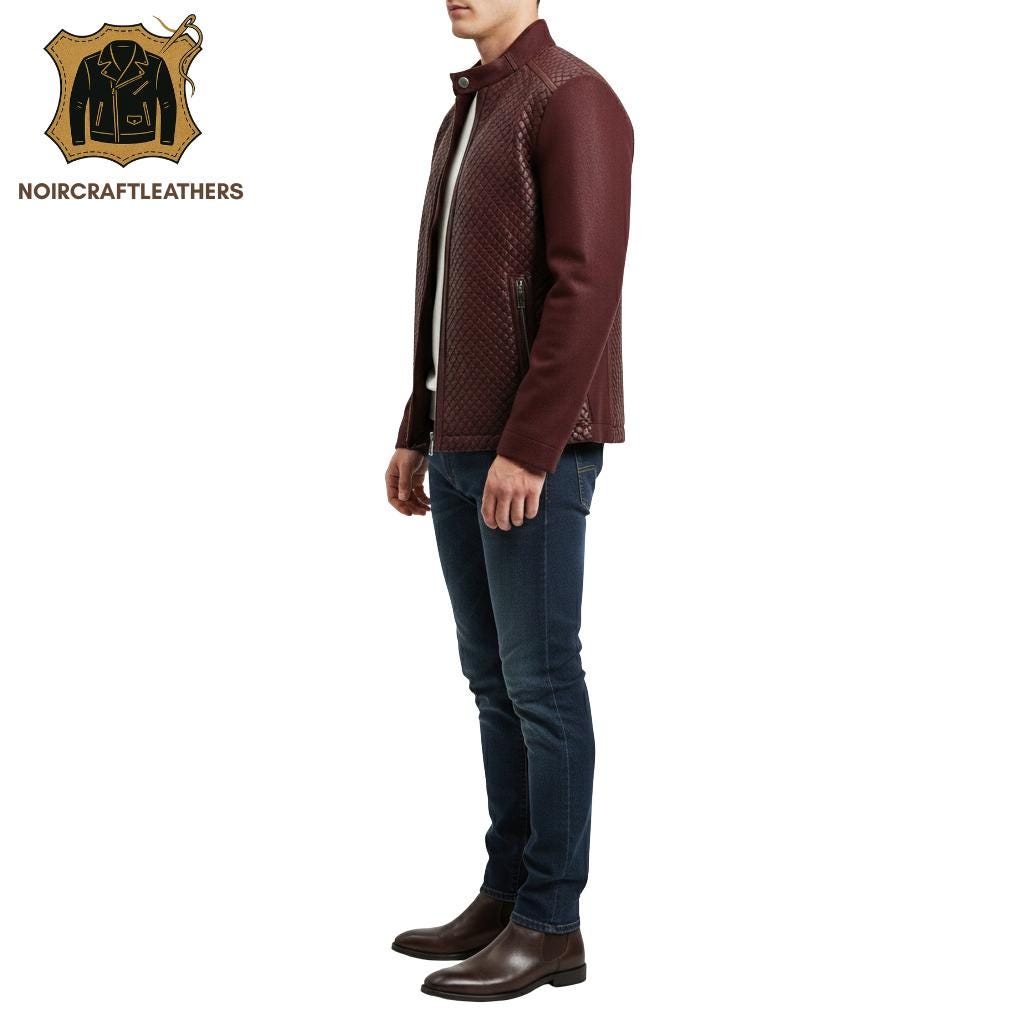 Men's Modern Burgundy Diamond Quilted Leather Jacket with Solid Contrast Knit Sleeves, Full-Zip Closure, and Zippered Hand Pockets.