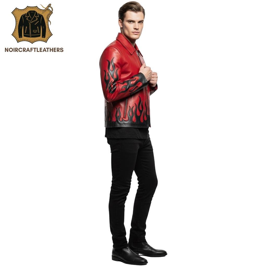 Men's Vintage-Inspired Red and Black Flame Biker Leather Jacket with Classic Turn Down Collar, Heavy Duty Zipper, and Stylish Sleeve Cuffs.