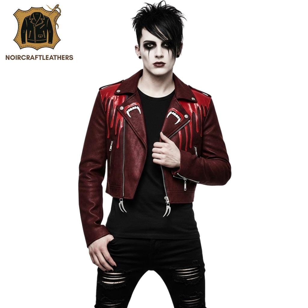 Men's Burgundy Cropped Biker Jacket: Bloody Fangs Vampire Goth Style