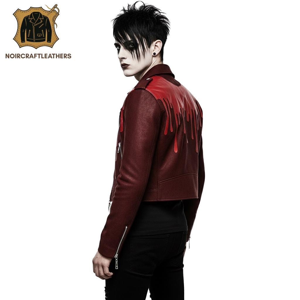 Men's Burgundy Cropped Biker Jacket: Bloody Fangs Vampire Goth Style