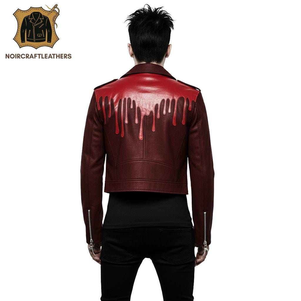 Men's Burgundy Cropped Biker Jacket: Bloody Fangs Vampire Goth Style