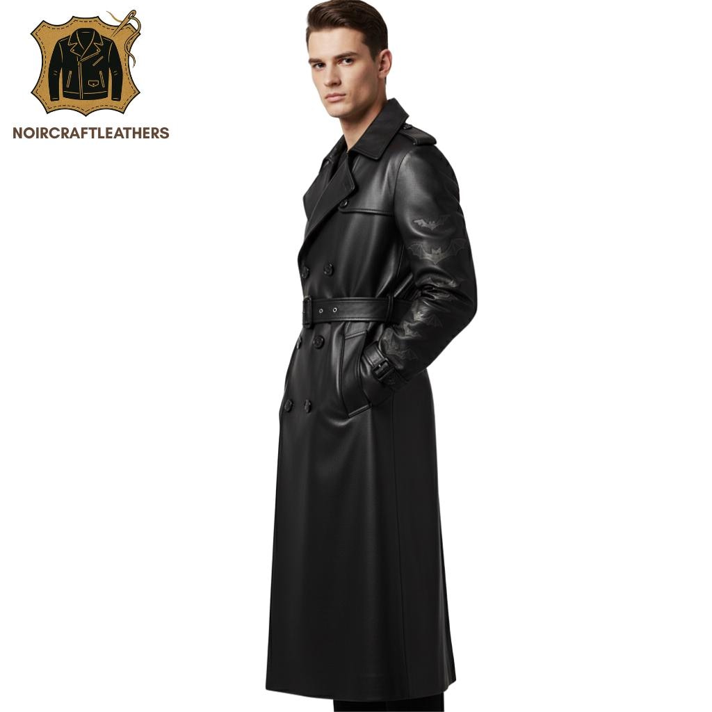 Men's Lambskin Leather Goth Trench Coat: Bat Wing Detail, Belted Waist
