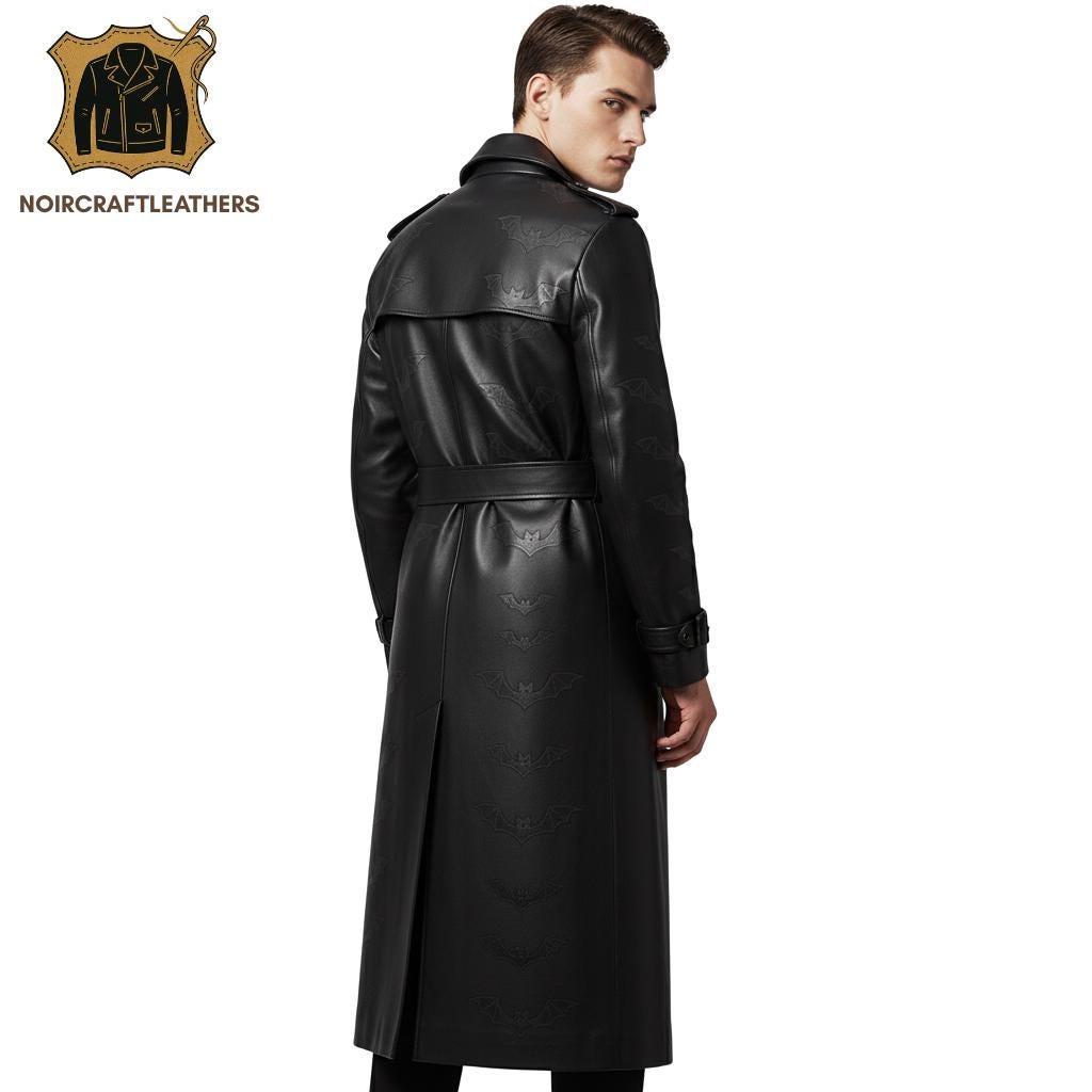 Men's Lambskin Leather Goth Trench Coat: Bat Wing Detail, Belted Waist