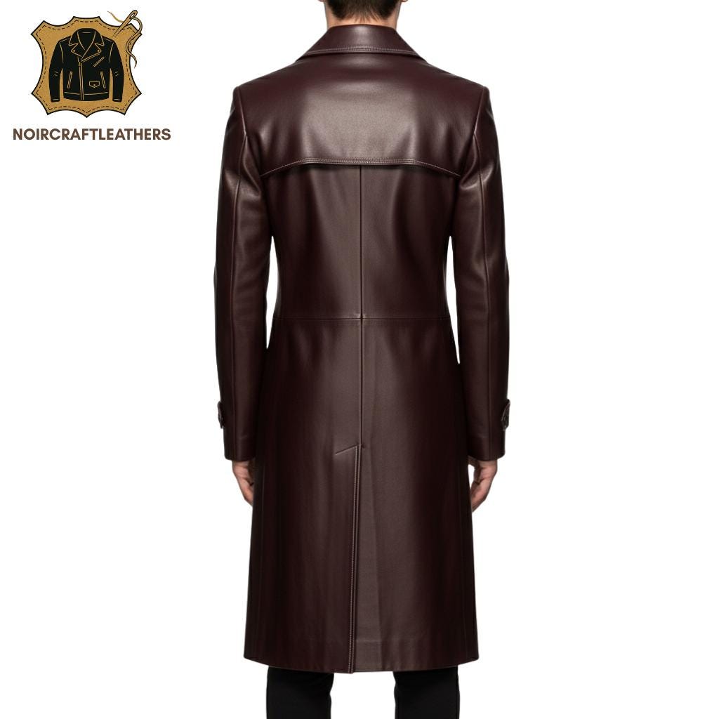 Men's Maroon Lambskin Leather Trench Coat: White Stitching, Slim Fit