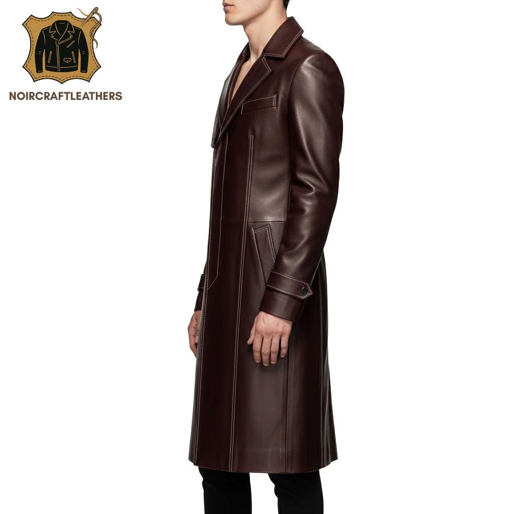 Men's Maroon Lambskin Leather Trench Coat: White Stitching, Slim Fit