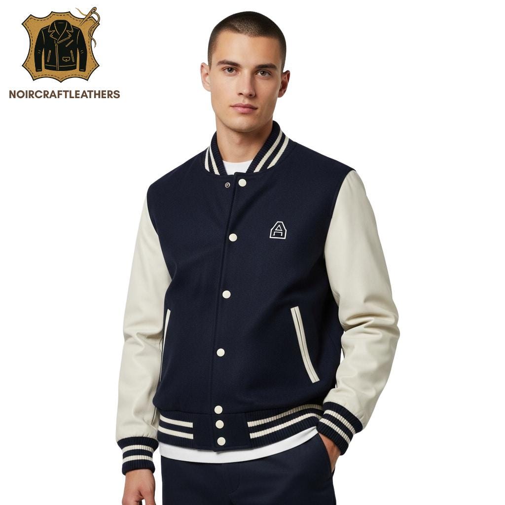 Men's Classic Navy and Cream Varsity Jacket | Traditional College Style Bomber with Contrast Sleeves, Snap Closure, and Striped Ribs