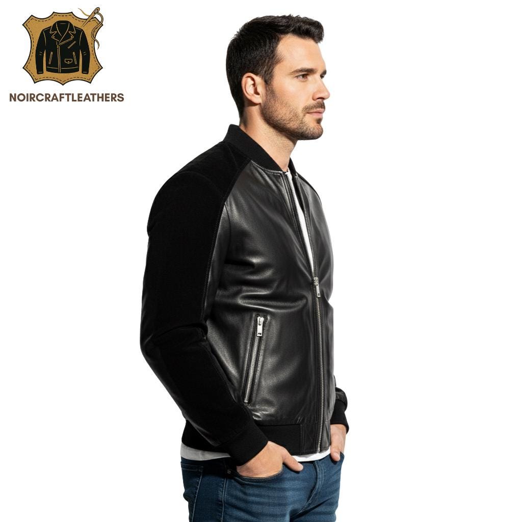 Men's Premium Black Leather and Suede Bomber Jacket Modern Contrast Yoke Design, Full Zip Closure, and Ribbed Trims