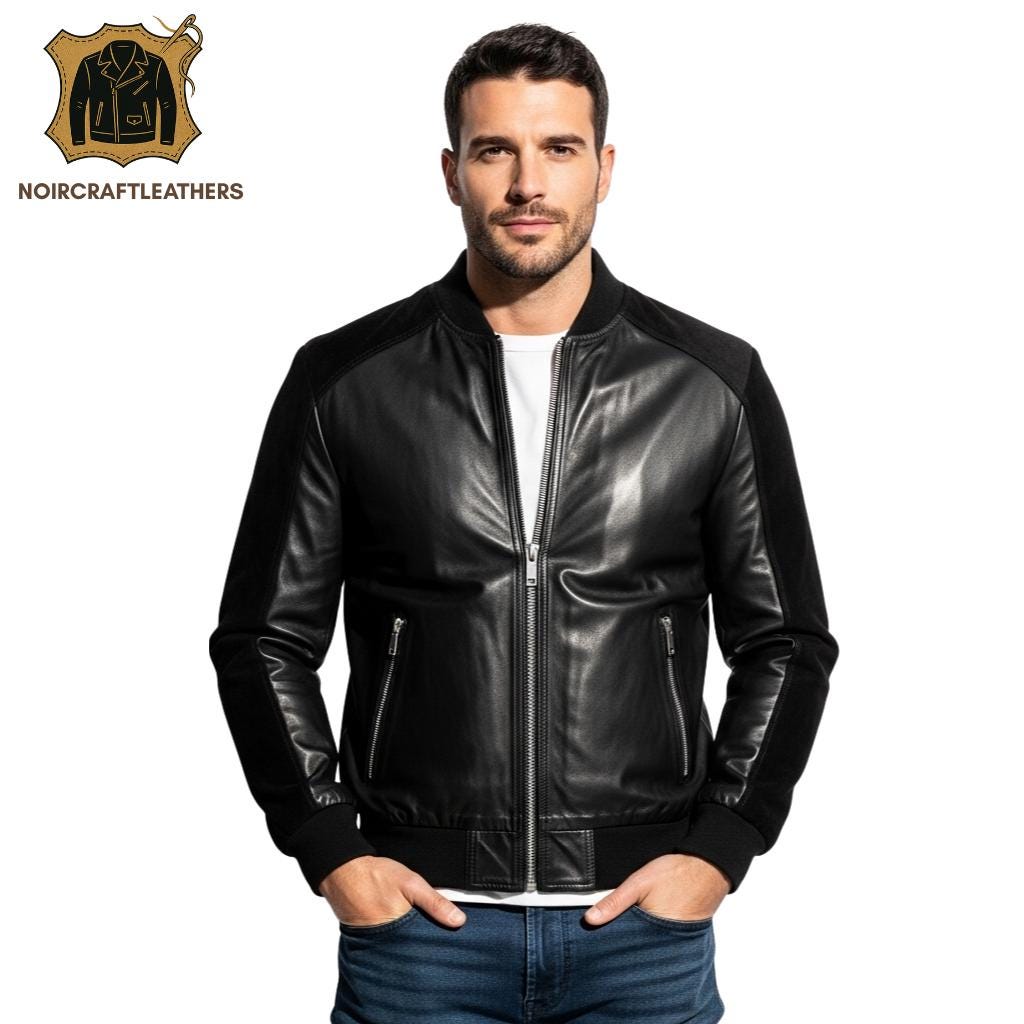 Men's Premium Black Leather and Suede Bomber Jacket Modern Contrast Yoke Design, Full Zip Closure, and Ribbed Trims