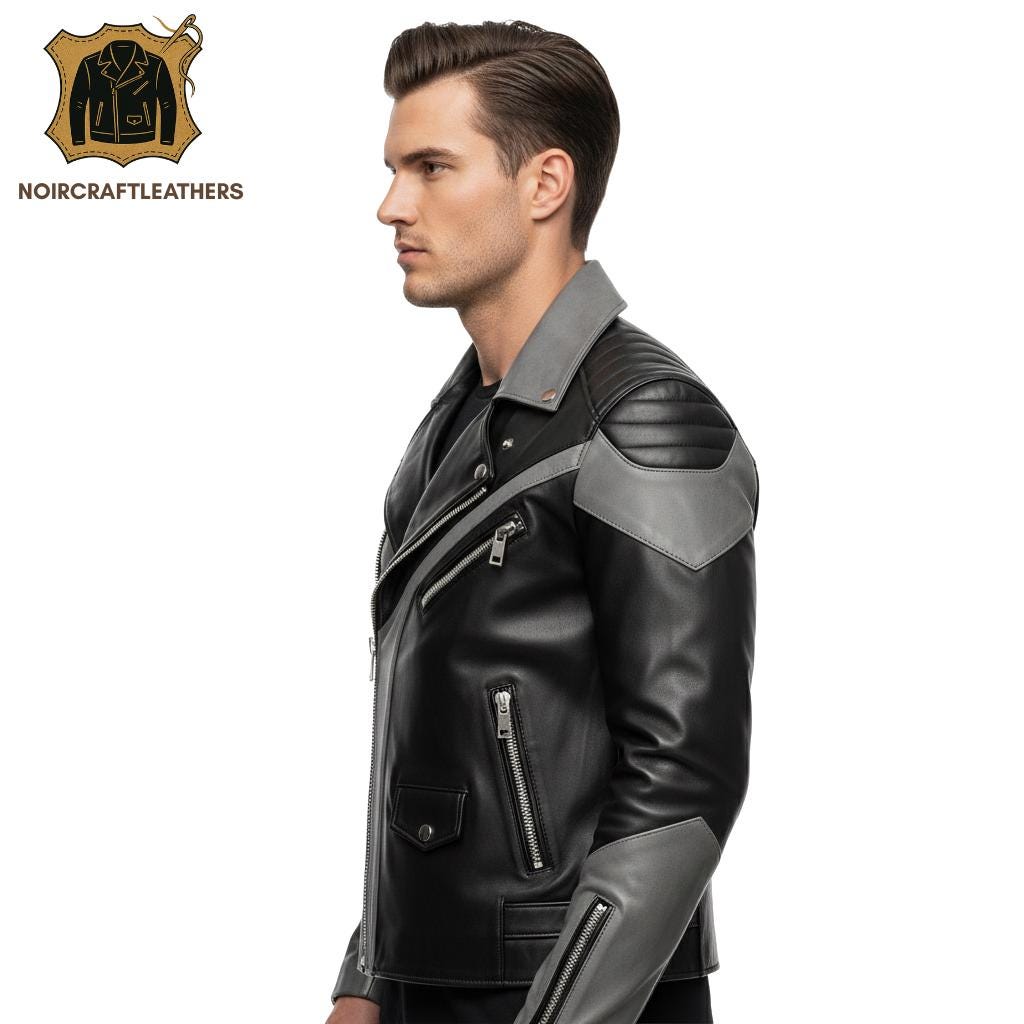 Men's Lambskin Leather Biker Jacket: Two-Tone Black & Gray Asymmetrical Zip