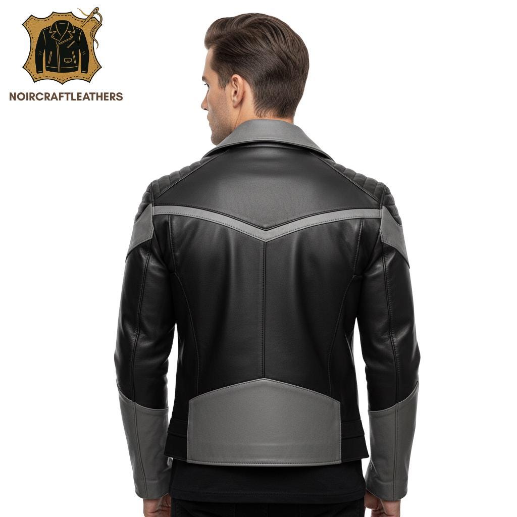 Men's Lambskin Leather Biker Jacket: Two-Tone Black & Gray Asymmetrical Zip