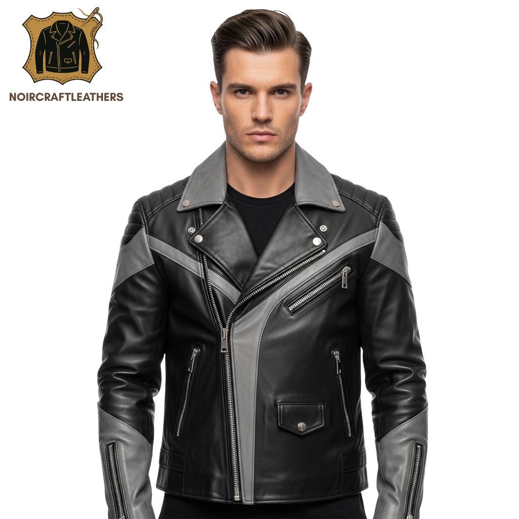 Men's Lambskin Leather Biker Jacket: Two-Tone Black & Gray Asymmetrical Zip
