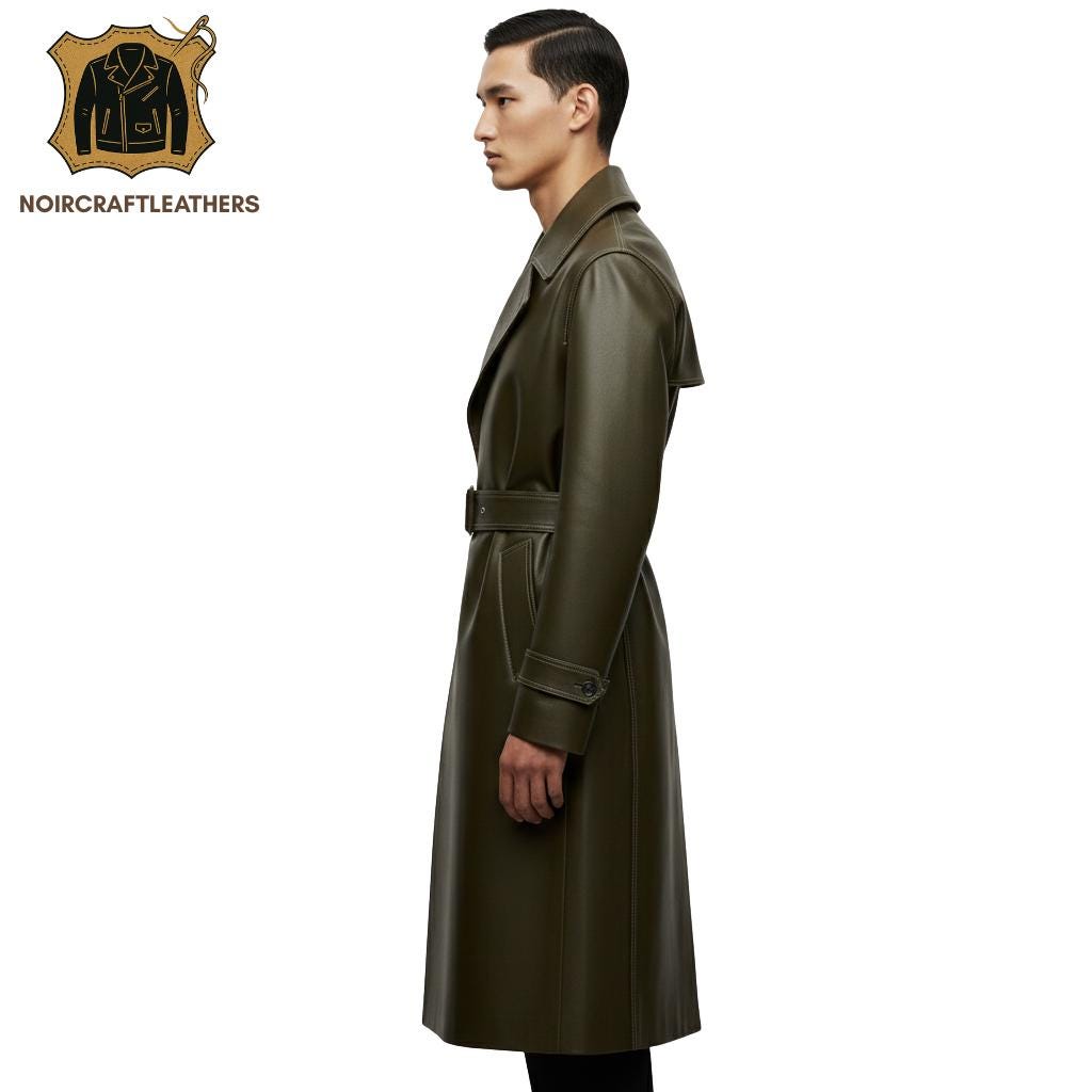 Men's Luxury Olive Green Lambskin Leather Trench Coat: Belted Overcoat