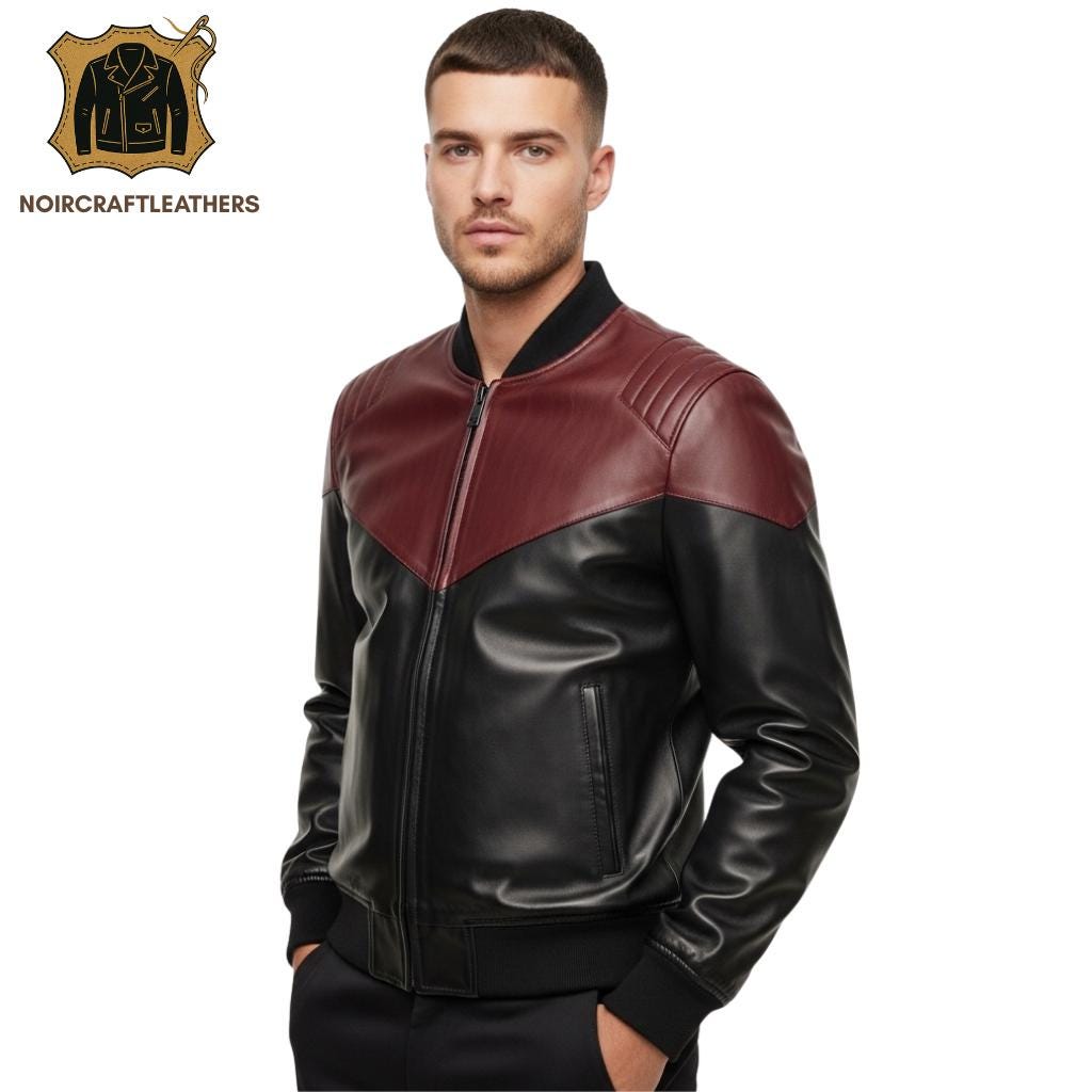 Men's Contrast Black and Burgundy Leather Bomber Jacket | Modern Chevron Panel Design with Ribbed Trims and Full Zip Closure