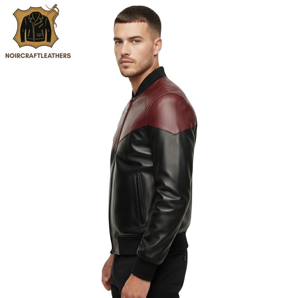 Men's Contrast Black and Burgundy Leather Bomber Jacket | Modern Chevron Panel Design with Ribbed Trims and Full Zip Closure