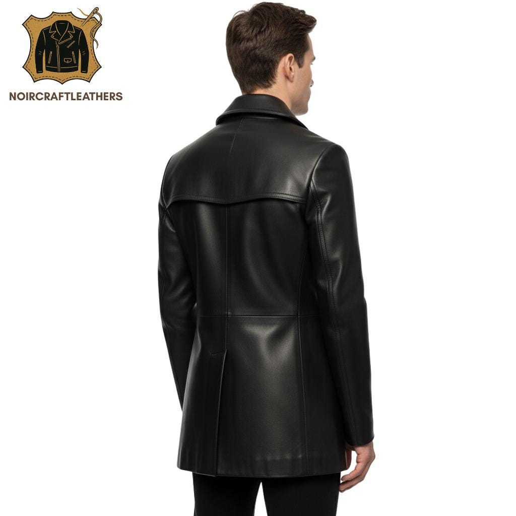 Men's Black Lambskin Leather Pea Coat: Goth Military Jacket with Silver Skull Buttons