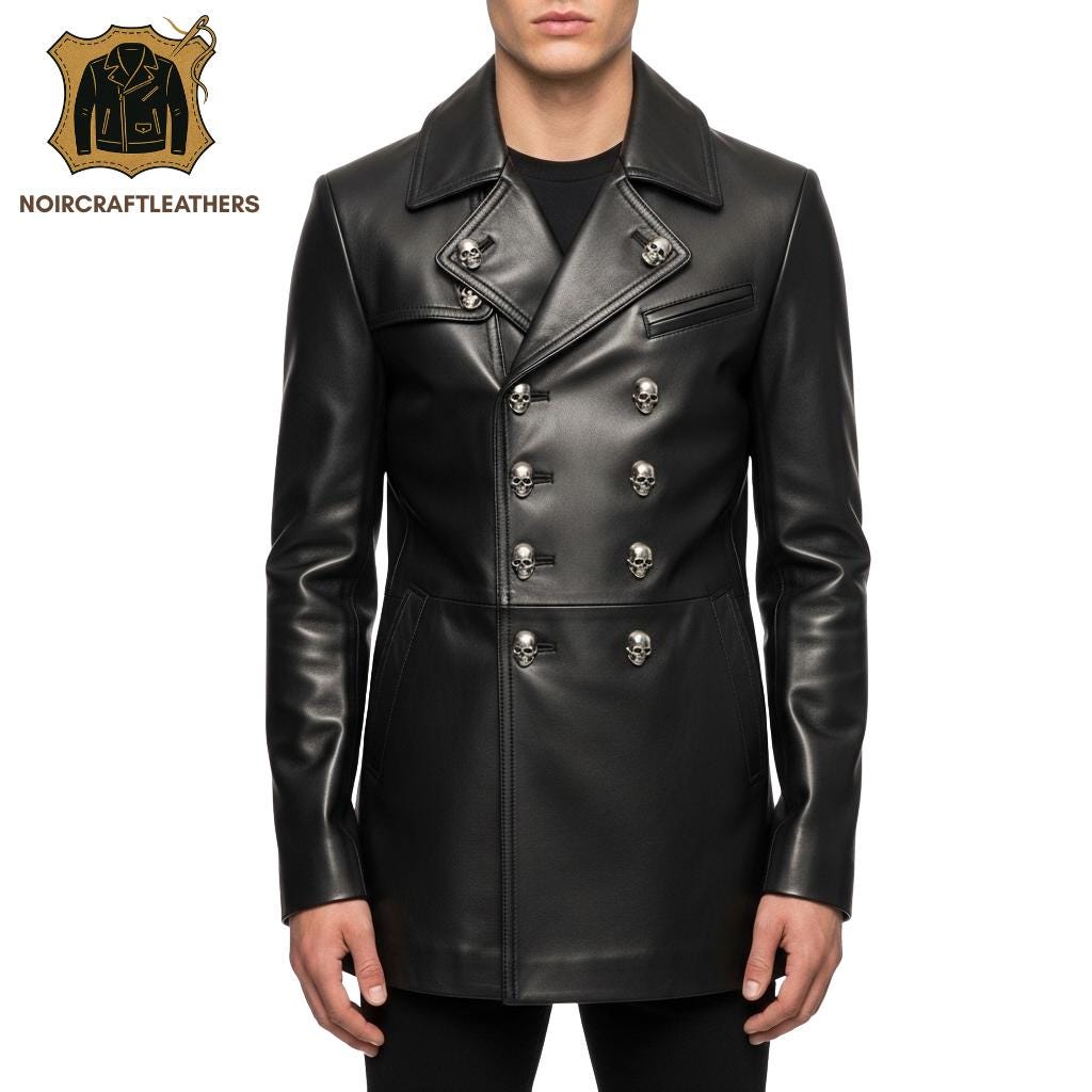 Men's Black Lambskin Leather Pea Coat: Goth Military Jacket with Silver Skull Buttons