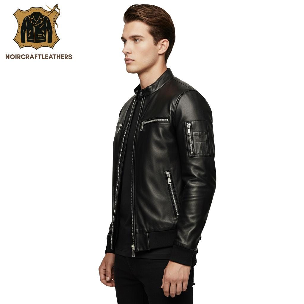 Men's Premium Black Lambskin Leather Bomber Jacket | Minimalist Cafe Racer Style with Multiple Zipped Pockets and Rib Knit Cuffs