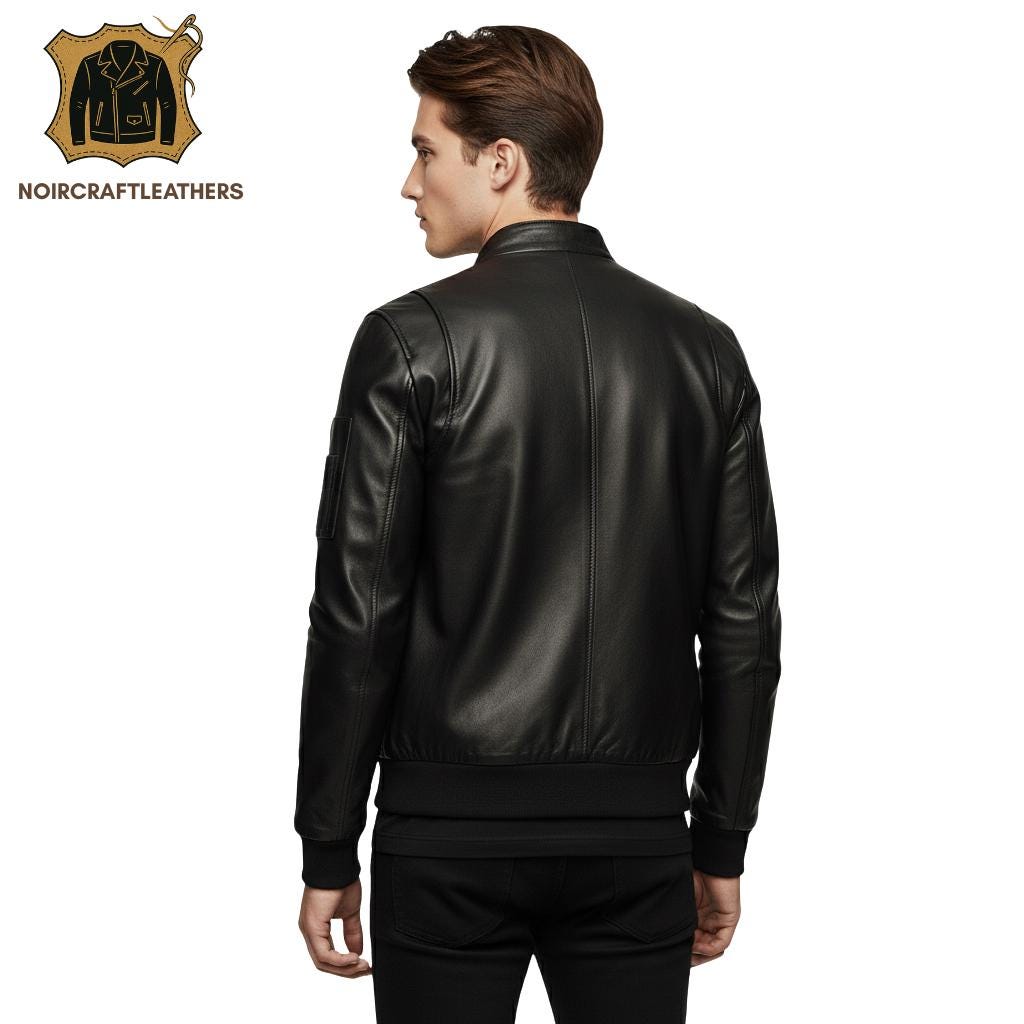 Men's Premium Black Lambskin Leather Bomber Jacket | Minimalist Cafe Racer Style with Multiple Zipped Pockets and Rib Knit Cuffs