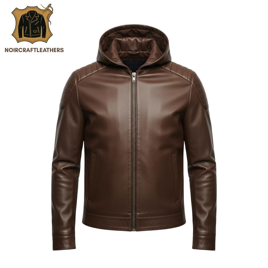 Men's Premium Chocolate Brown Leather Biker Jacket, Modern Style with Attached Hood, Padded Shoulder Panels, and Slim Fit